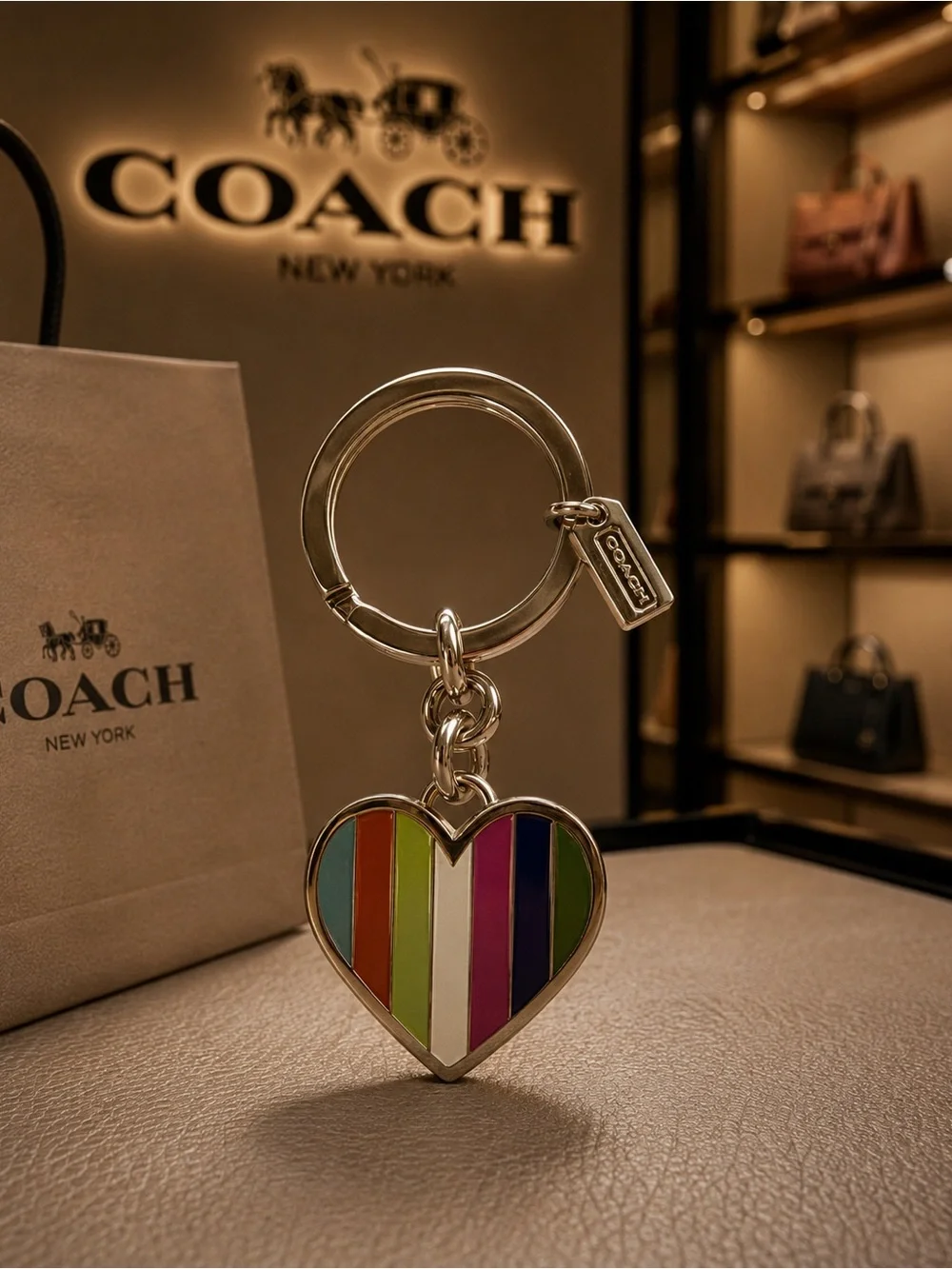 Coach Rainbow Legacy Enamel Heart Keychain Fob